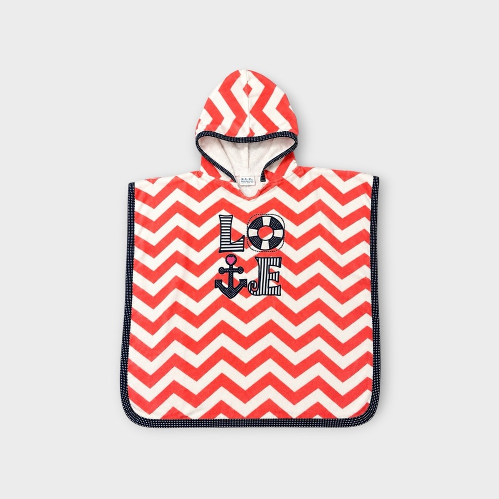 Red Chevron Hooded Kids Poncho Towel with Nautical 'LOVE' Design